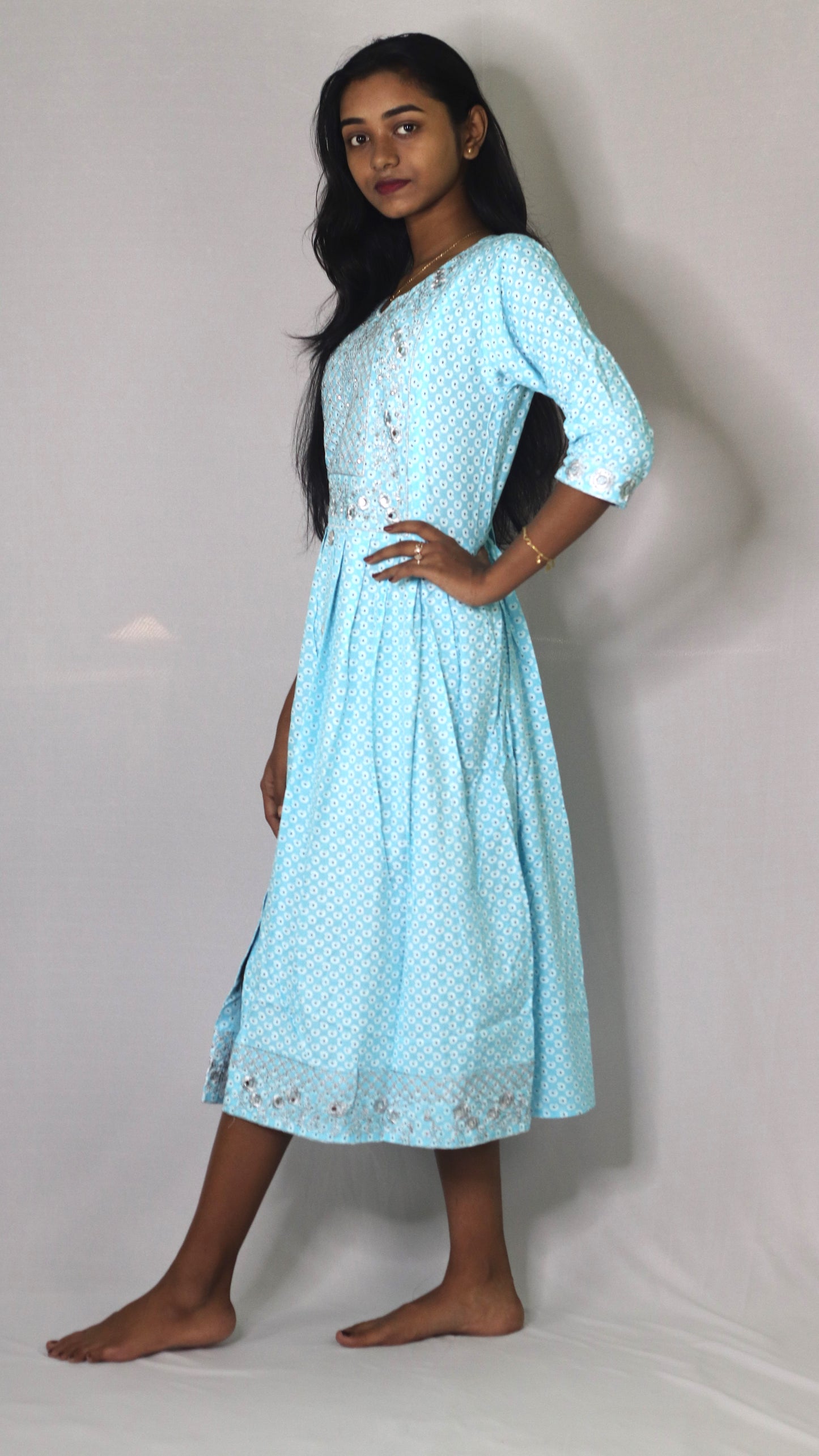 Women Printed Embroidery Cotton Blend Rayon Sky Blue Anarkali Kurti