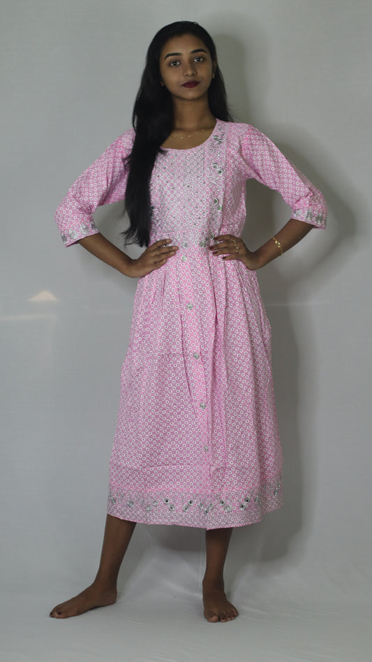 Women Printed Embroidery Cotton Blend Rayon Pink Anarkali Kurti