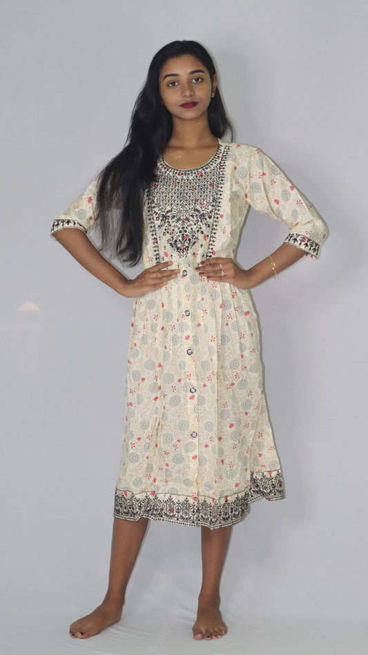 Women Printed Embroidery Cotton Blend Rayon White (Base- Pink)  Anarkali Kurti