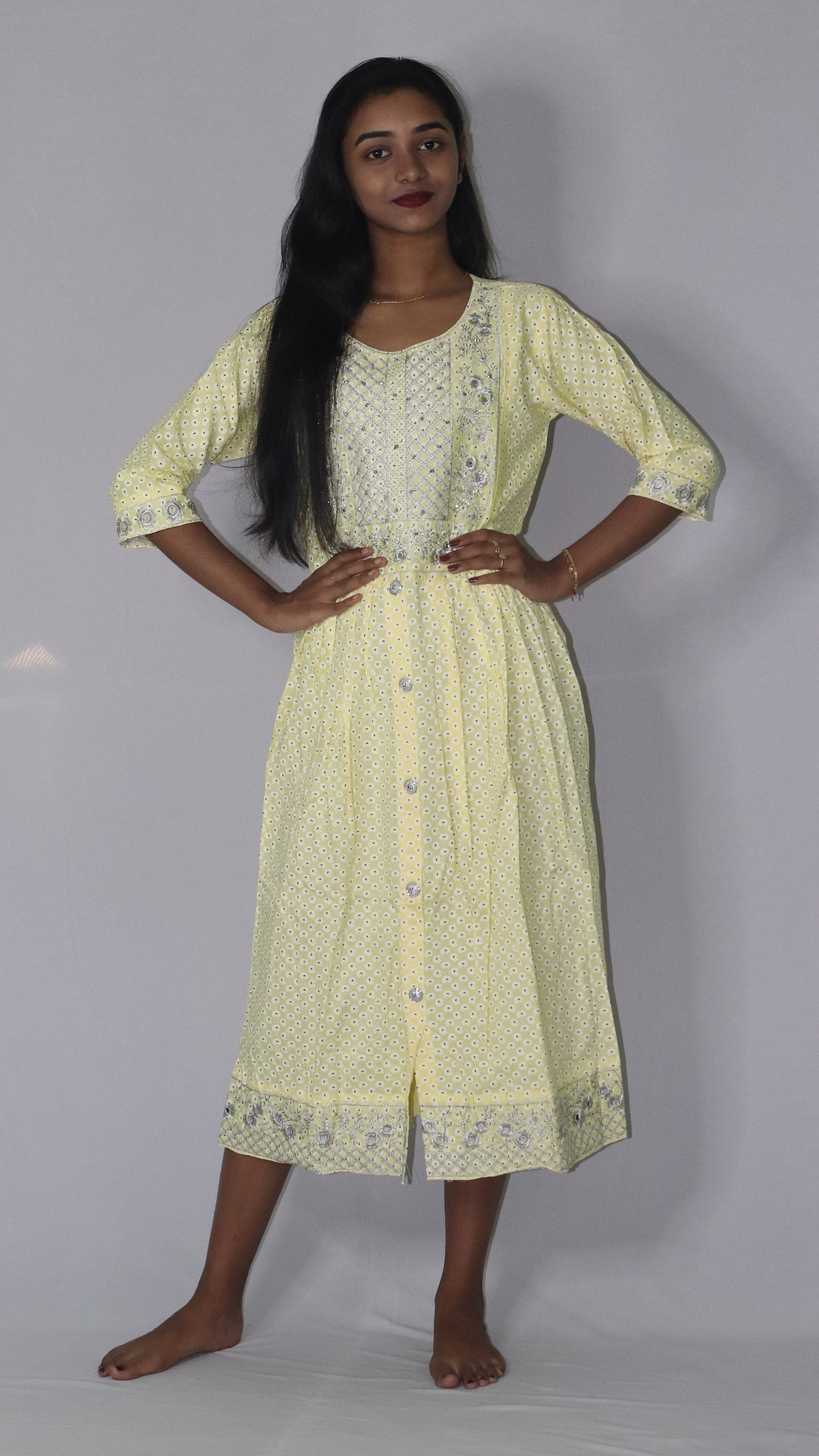 Women Printed Embroidery Cotton Blend Rayon Yellow Anarkali Kurti