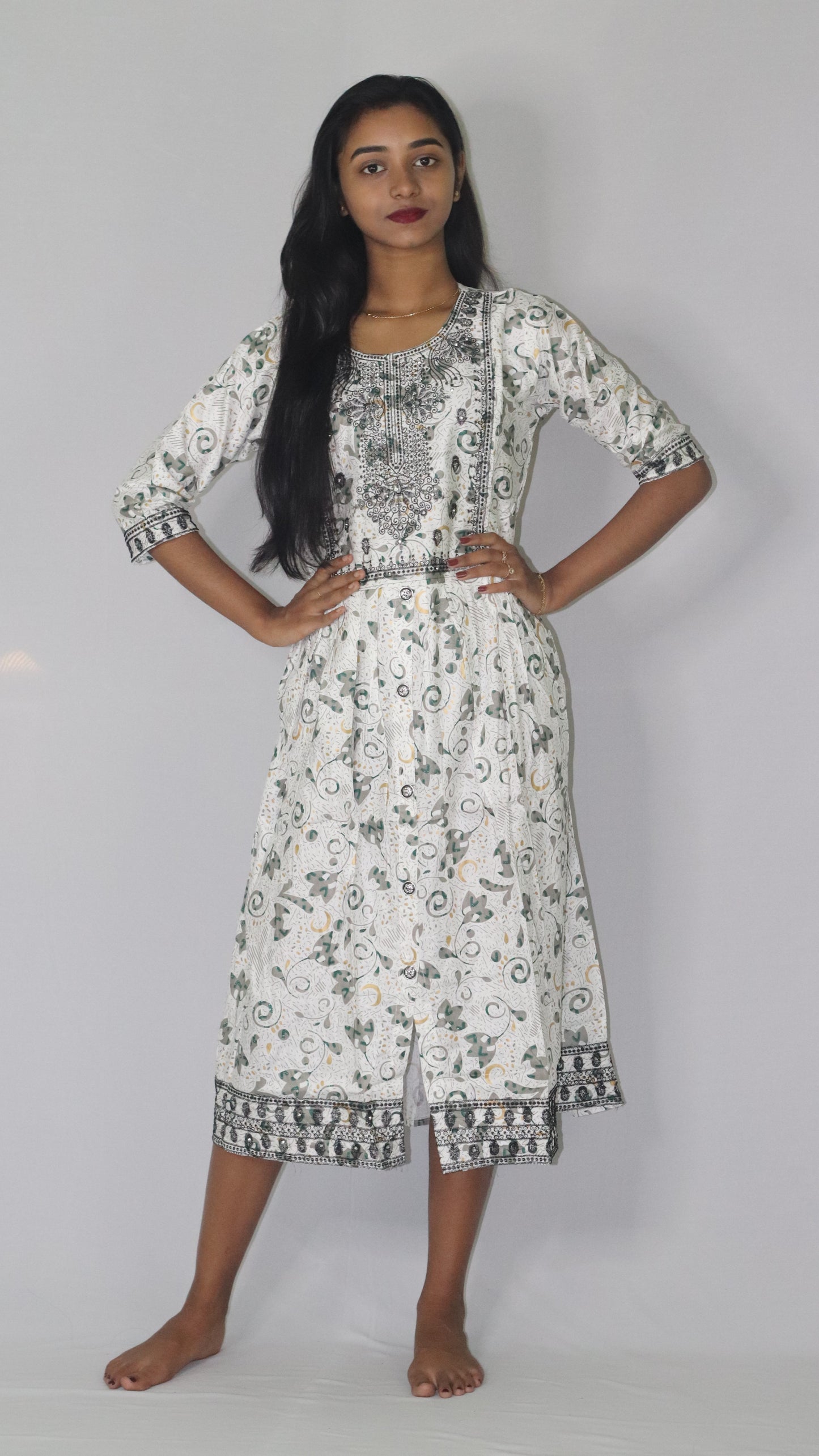 Women Printed Embroidery Cotton Blend Rayon White (Base- Green) Anarkali Kurti