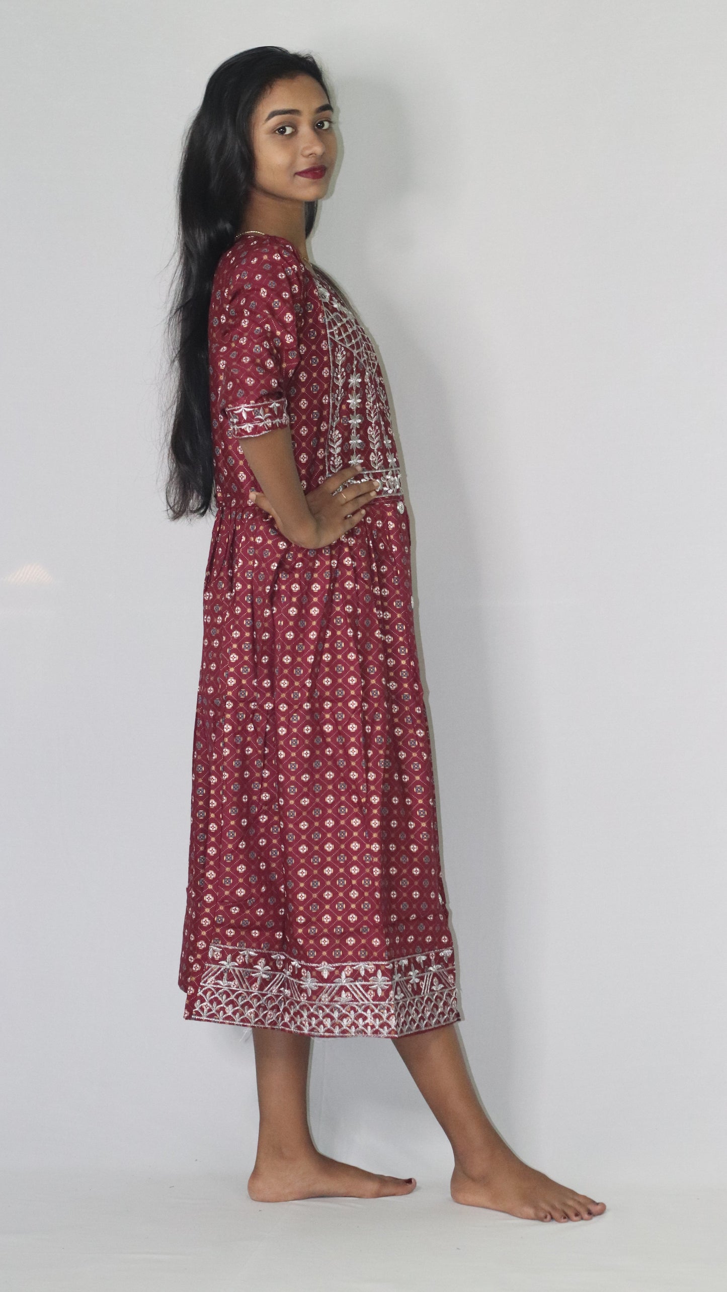 Women Printed Embroidery Cotton Blend Rayon Deep Embroidery Red Anarkali Kurti