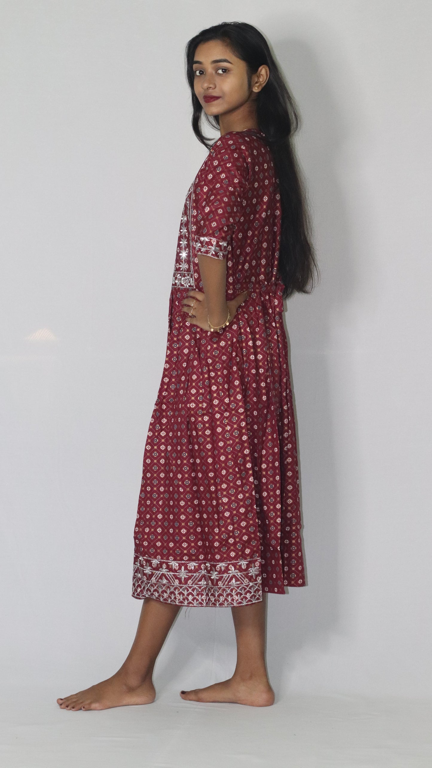 Women Printed Embroidery Cotton Blend Rayon Deep Embroidery Red Anarkali Kurti