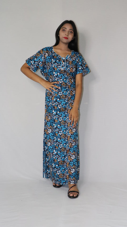 Women 100% Pure Cotton Deep Blue Nightgown