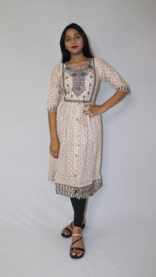 Women Printed Embroidery Cotton Blend Rayon White (Base- Deep Red ) Anarkali Kurti