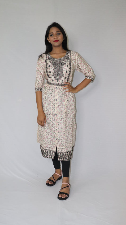 Women Printed Embroidery Cotton Blend Rayon White (Base- Deep Pink) Anarkali Kurti