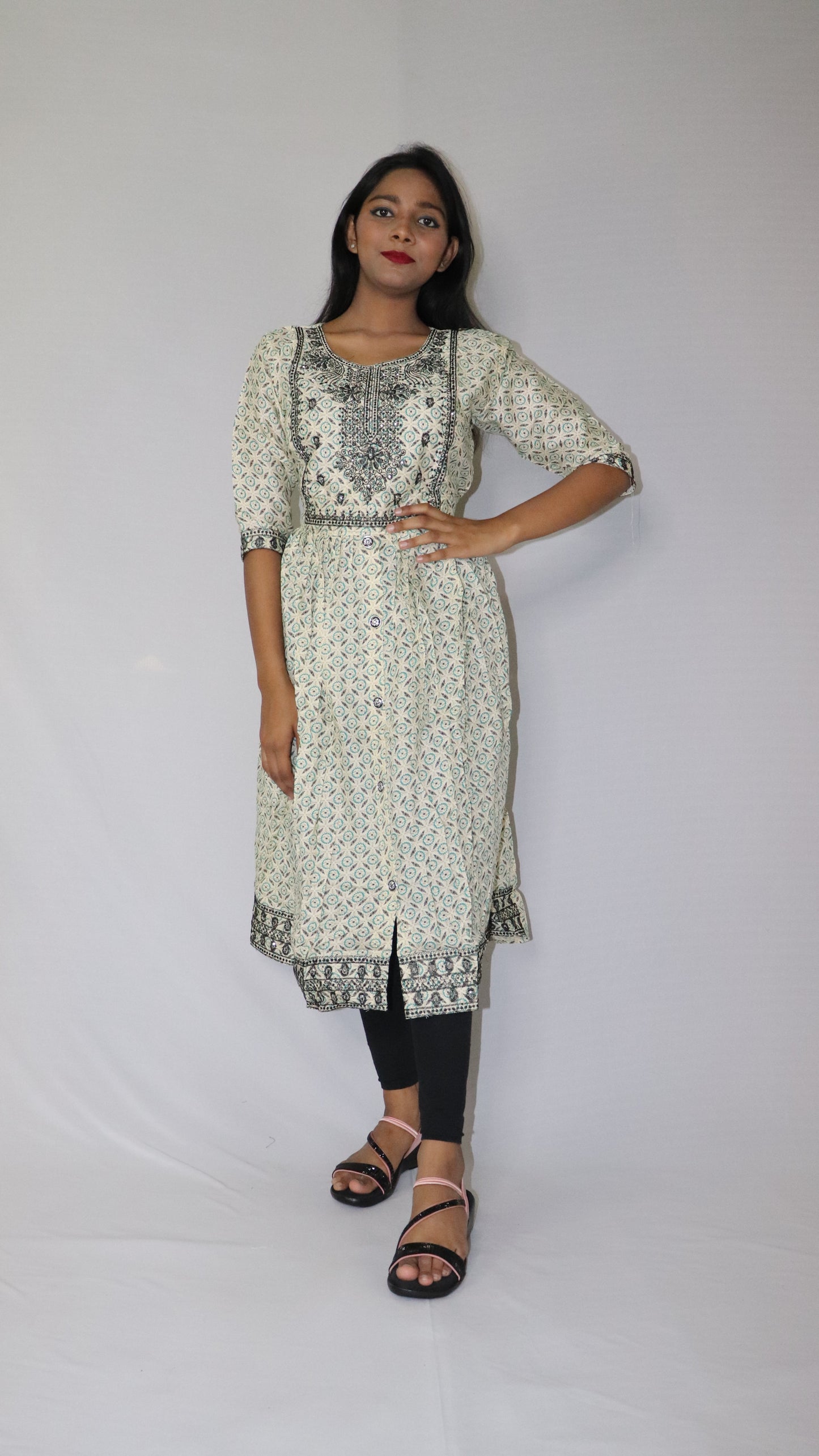 Women Printed Embroidery Cotton Blend Rayon White (Base- Deep Green) Anarkali Kurti