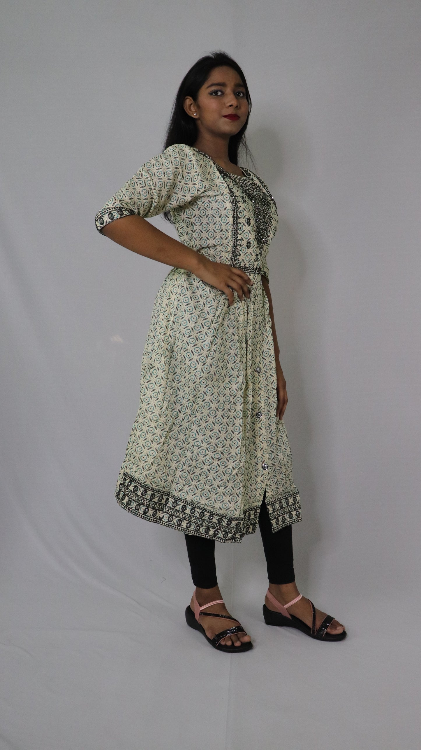 Women Printed Embroidery Cotton Blend Rayon White (Base- Deep Green) Anarkali Kurti