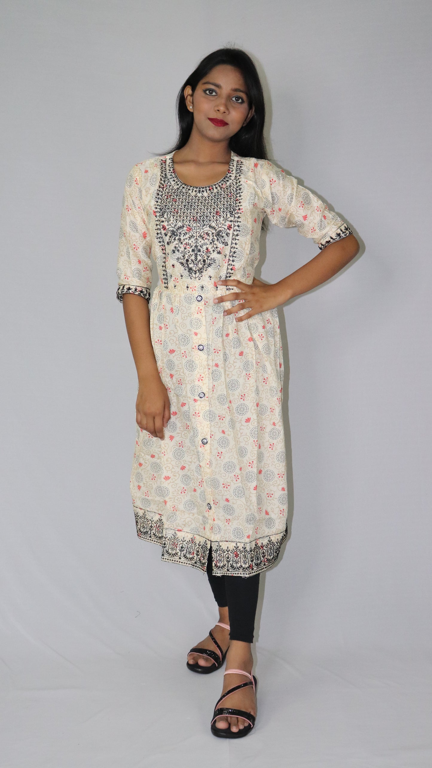 Women Printed Embroidery Cotton Blend Rayon White (Base- Deep Pink) Anarkali Kurti