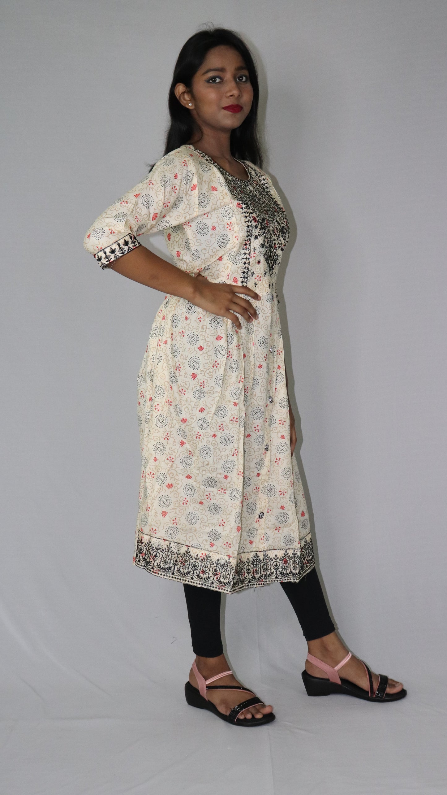 Women Printed Embroidery Cotton Blend Rayon White (Base- Deep Pink) Anarkali Kurti