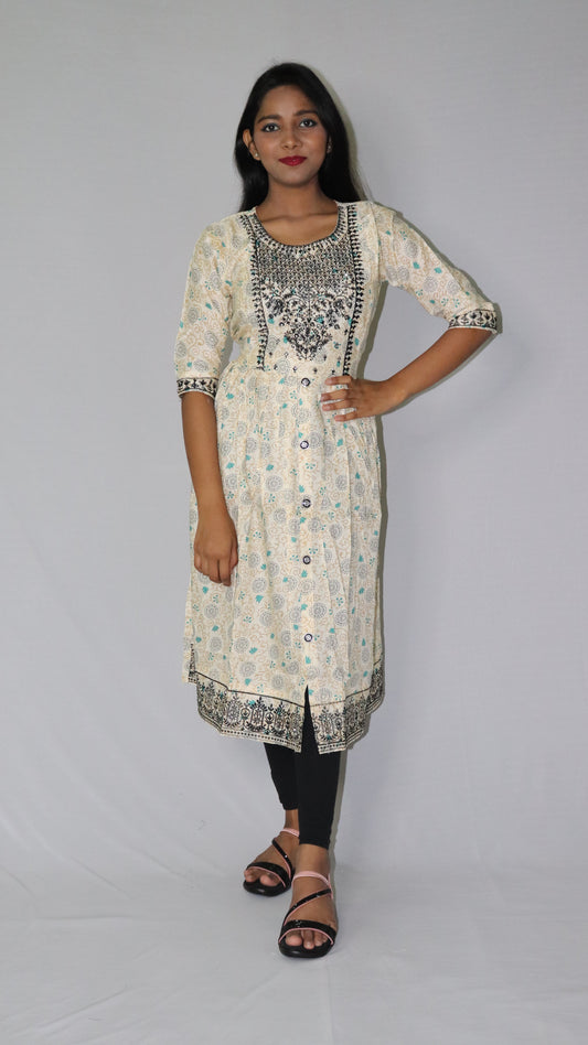 Women Printed Embroidery Cotton Blend Rayon White (Base- Deep Green) Anarkali Kurti