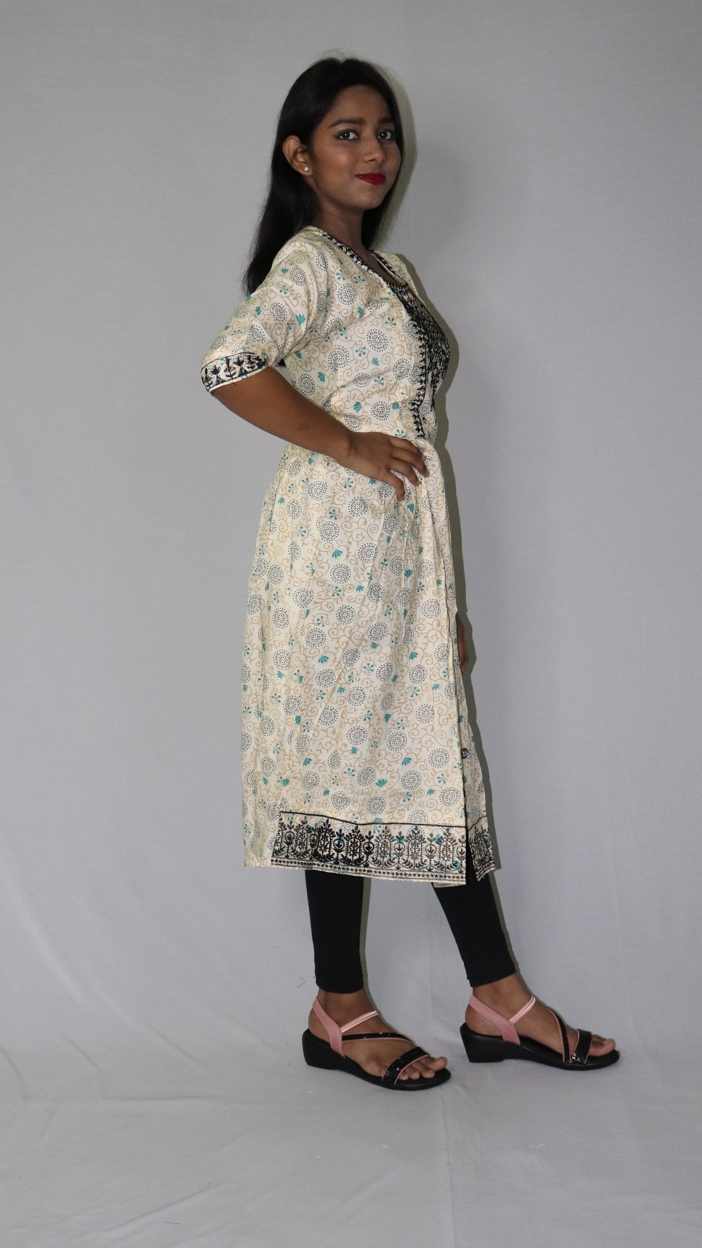 Women Printed Embroidery Cotton Blend Rayon White (Base- Deep Green) Anarkali Kurti