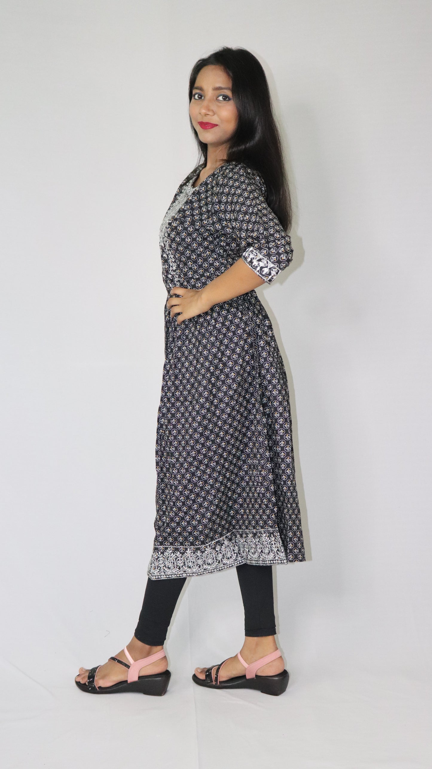 Women Printed Embroidery Cotton Blend Rayon Deep Black Anarkali Kurti