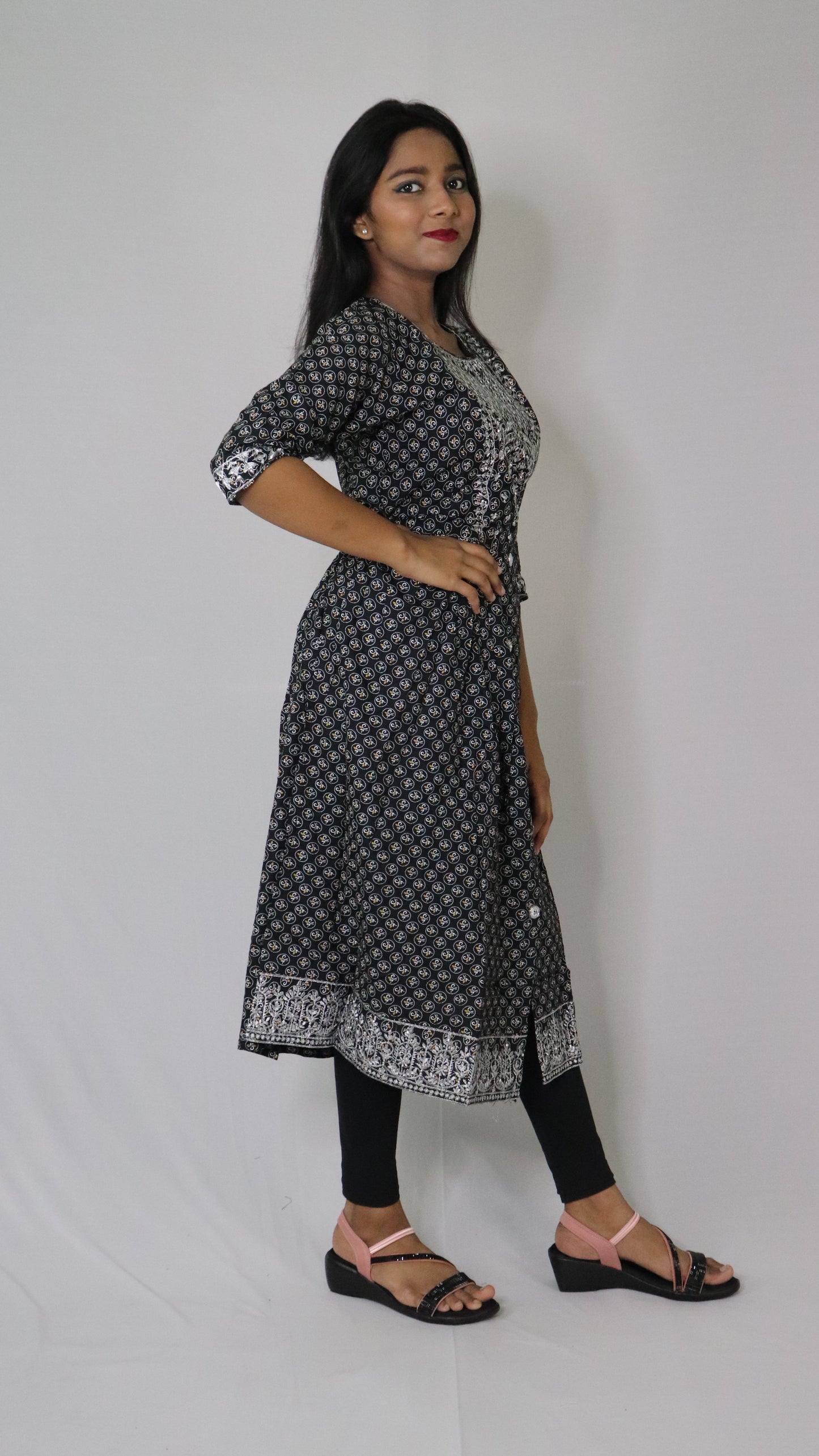 Women Printed Embroidery Cotton Blend Rayon Deep Black Anarkali Kurti