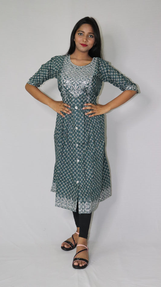 Women Printed Embroidery Cotton Blend Rayon Deep Green Anarkali Kurti