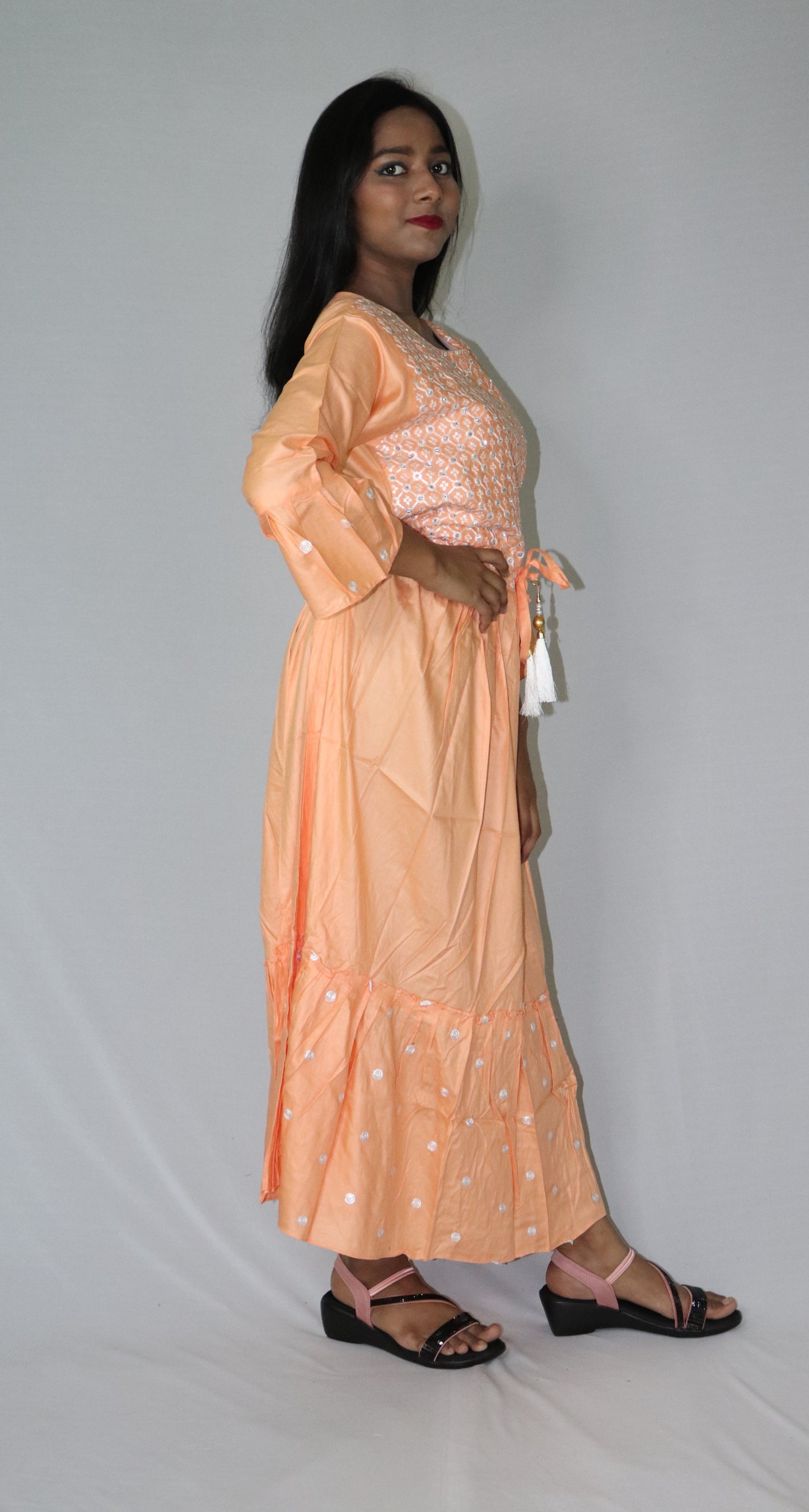 Women Printed Embroidery Rayon Blended Anarkali Peach Long Kurti