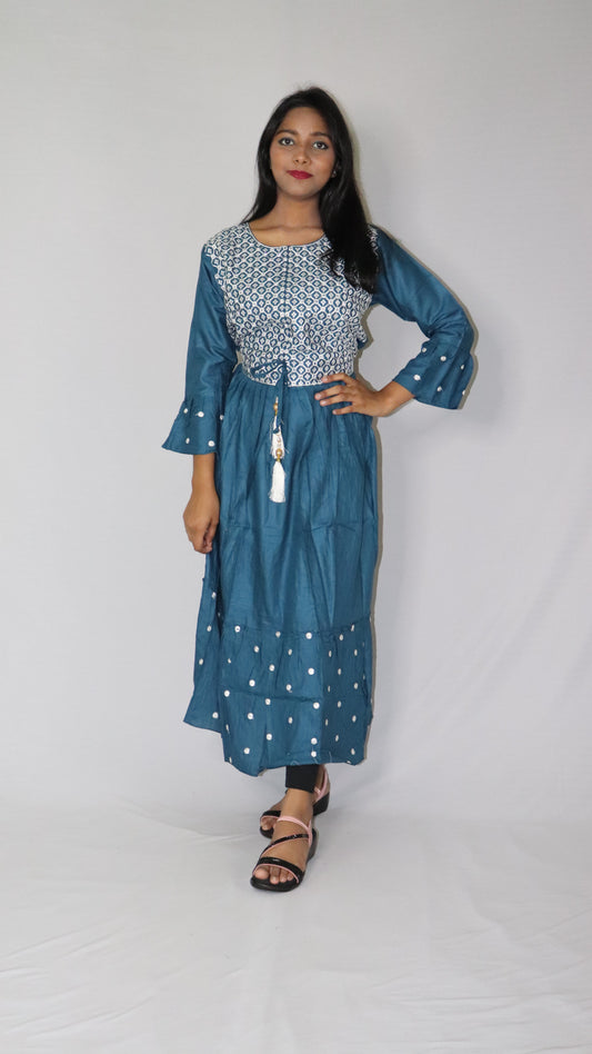 Women Printed Embroidery Rayon Blended Anarkali Deep Prussian Blue Long Kurti