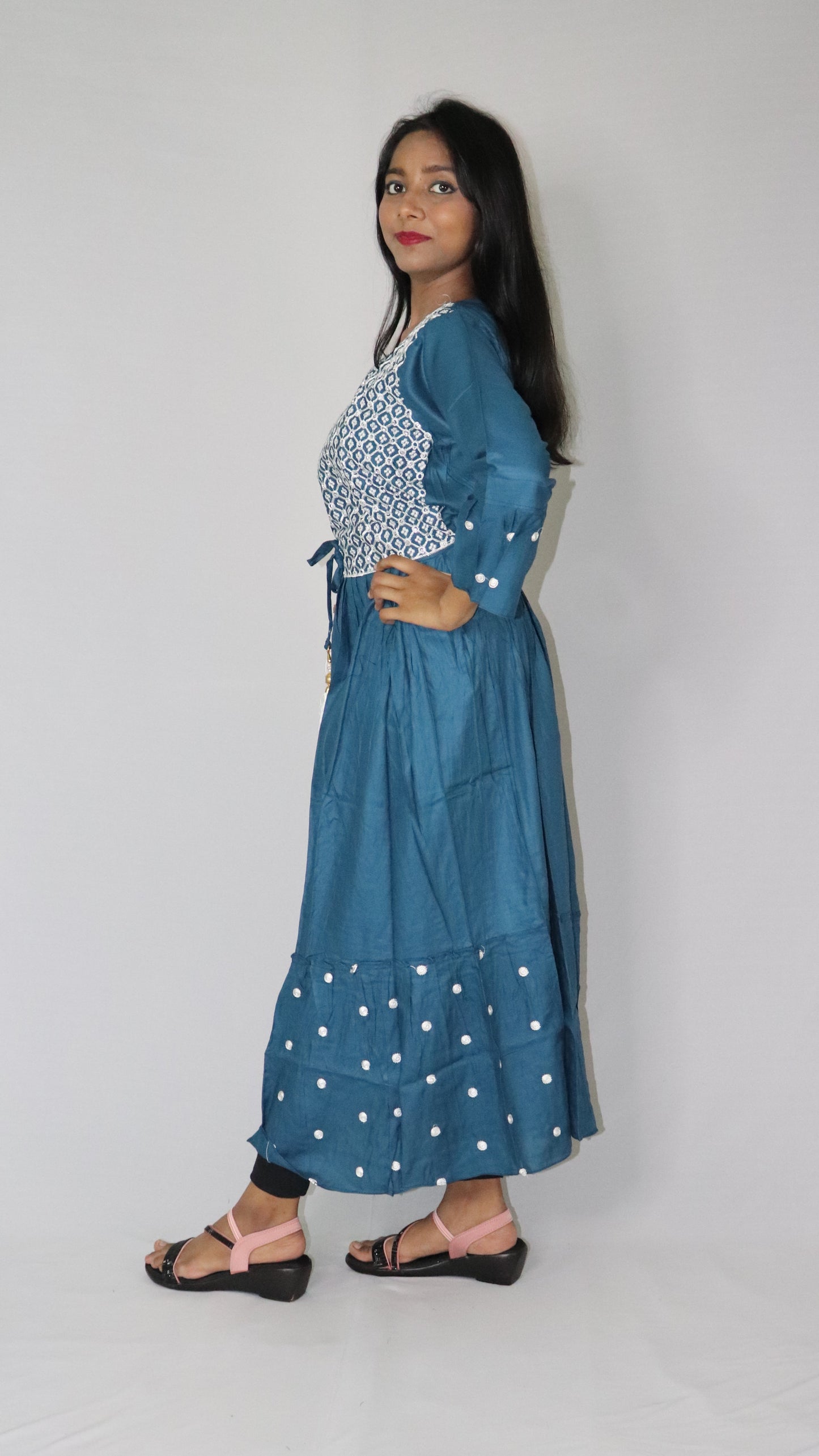 Women Printed Embroidery Rayon Blended Anarkali Deep Prussian Blue Long Kurti