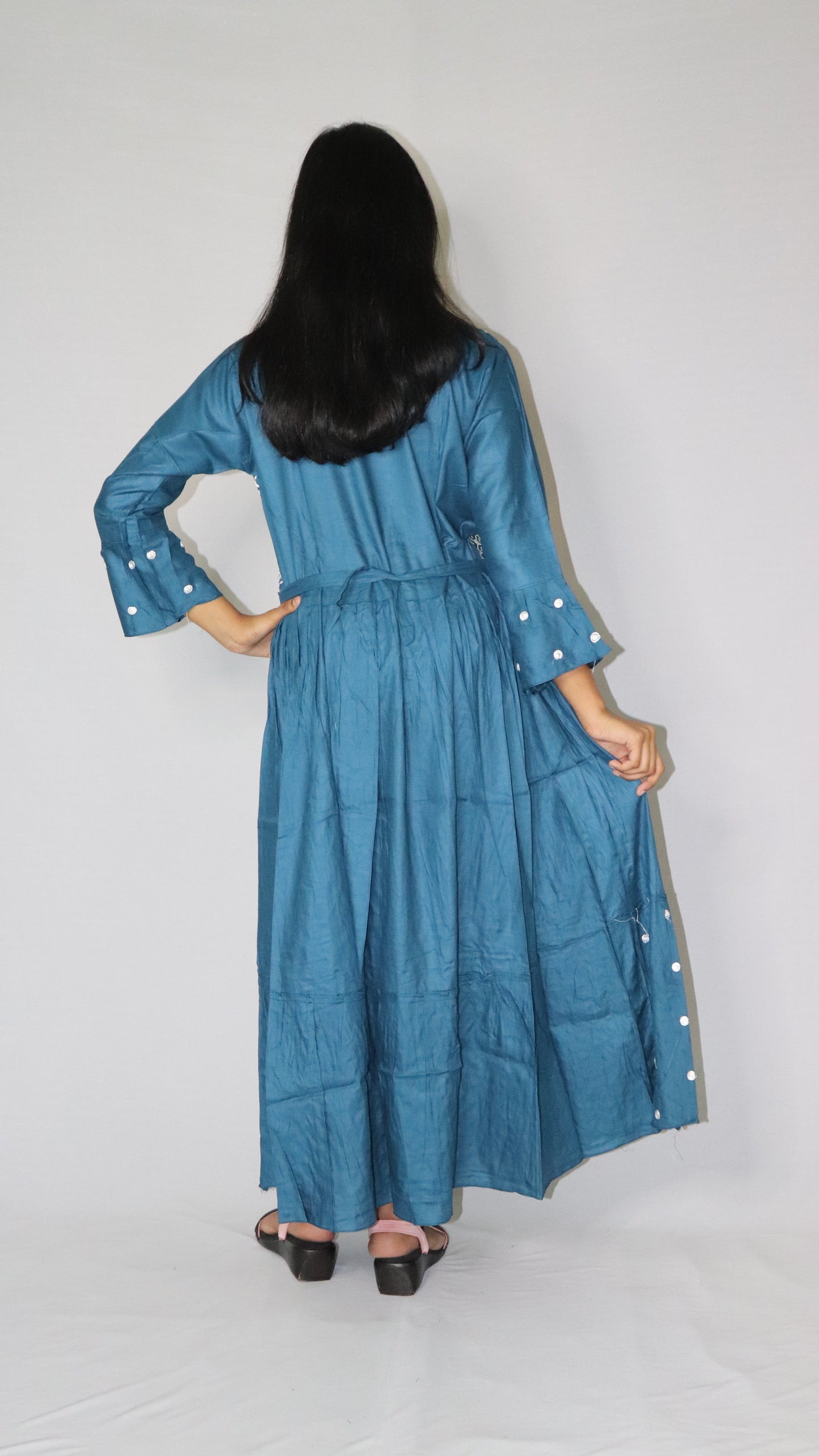 Women Printed Embroidery Rayon Blended Anarkali Deep Prussian Blue Long Kurti