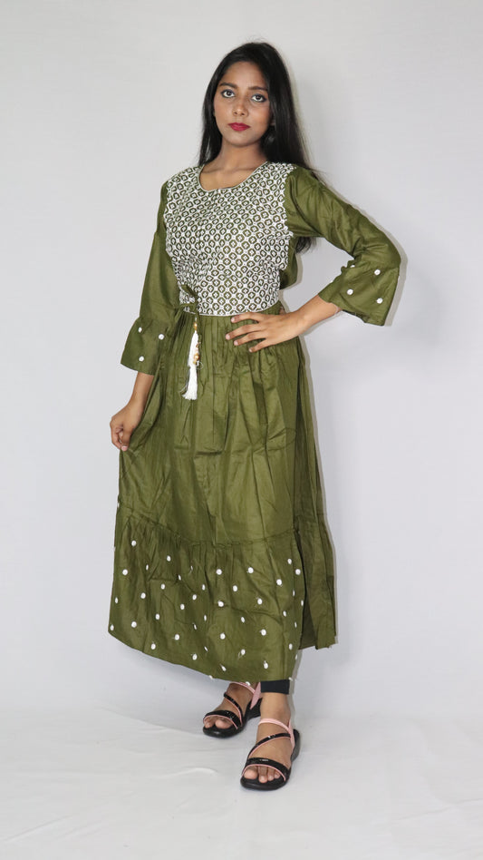 Women Printed Embroidery Rayon Blended Anarkali Deep Sea Green Long Kurti