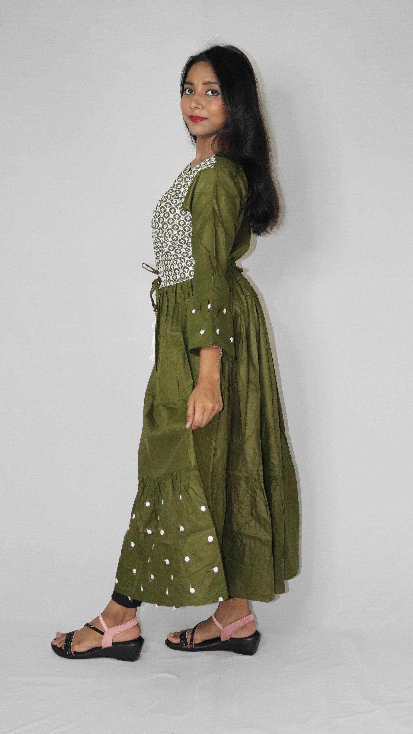 Women Printed Embroidery Rayon Blended Anarkali Deep Sea Green Long Kurti