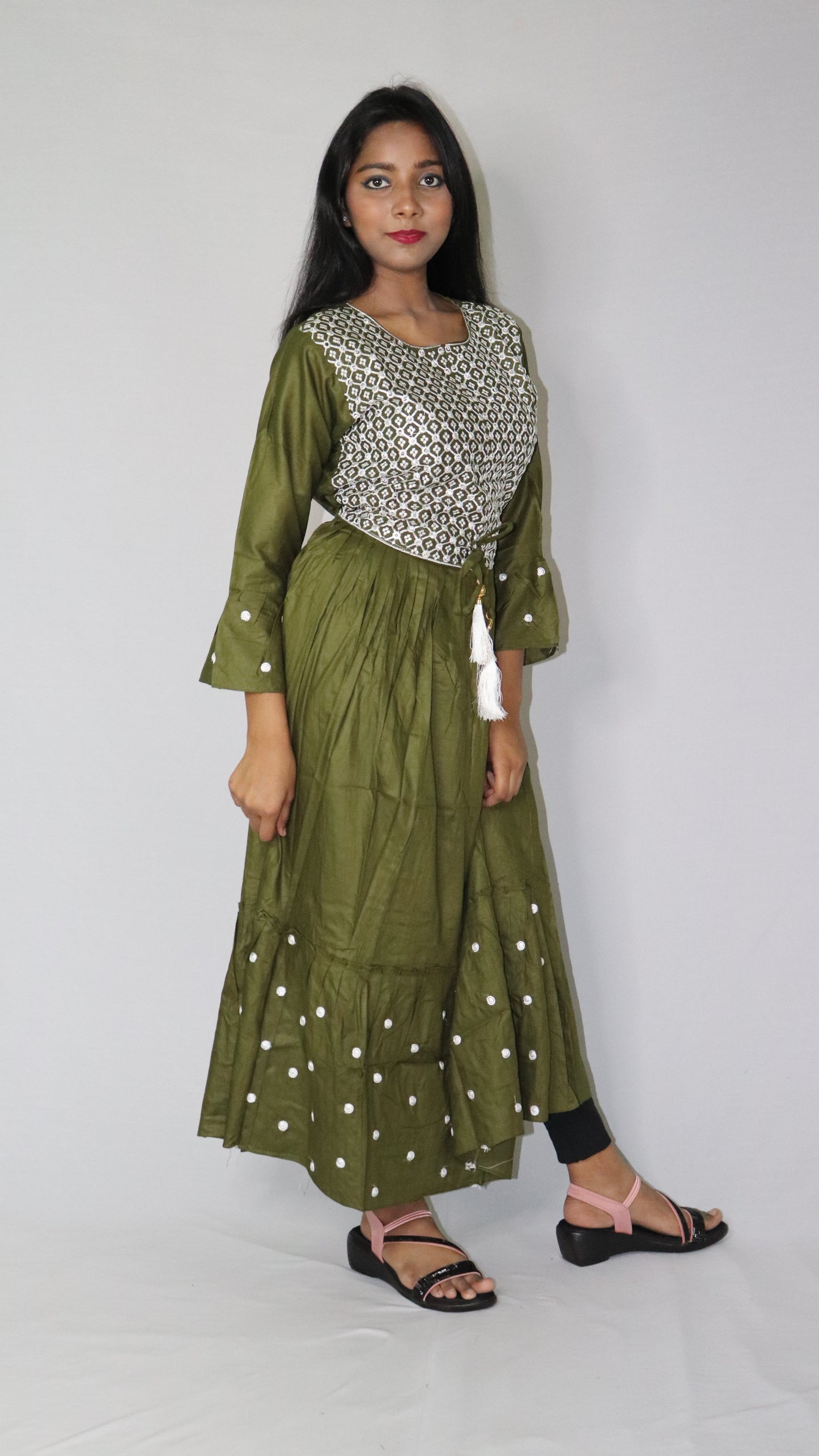 Women Printed Embroidery Rayon Blended Anarkali Deep Sea Green Long Kurti