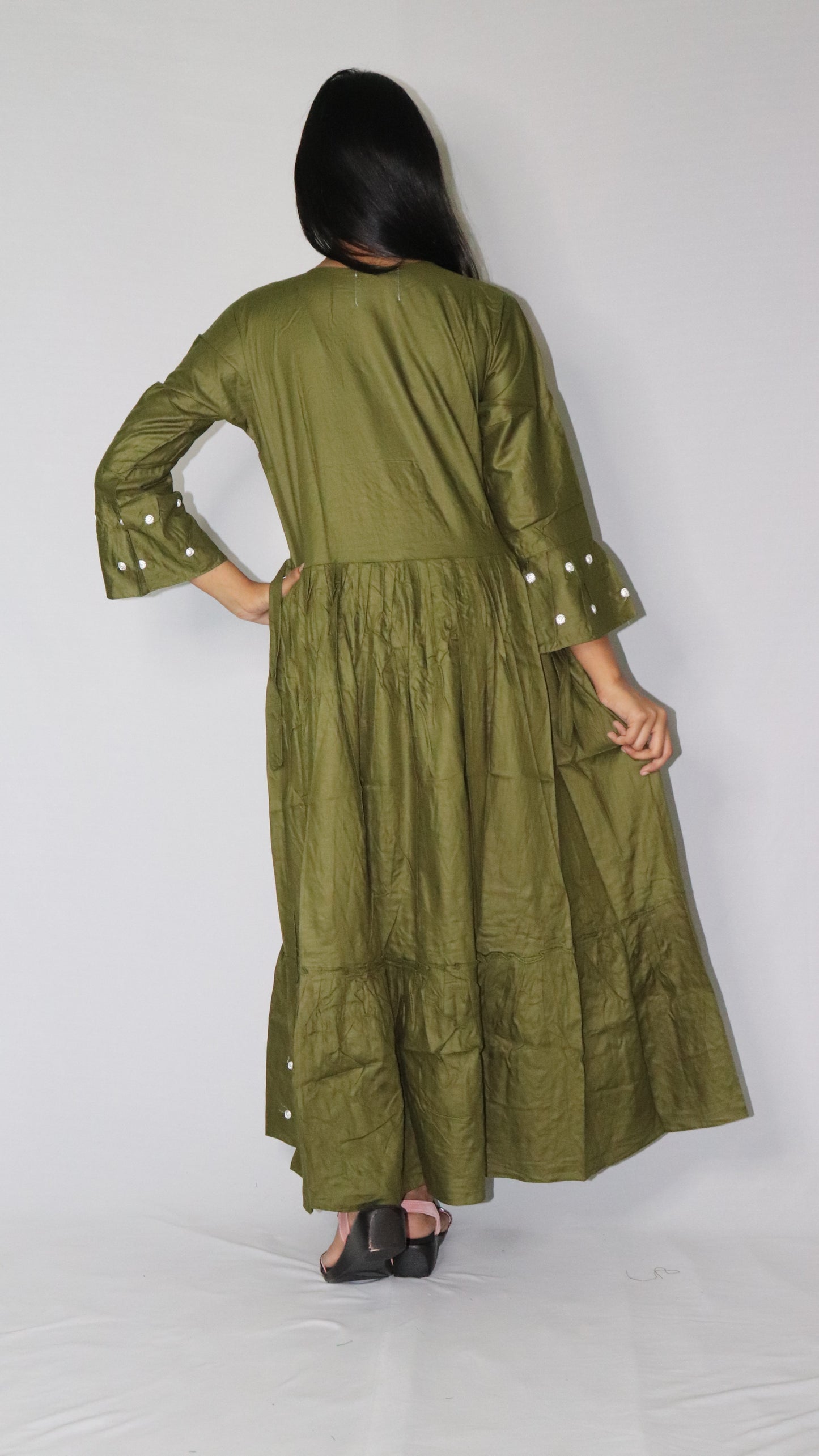 Women Printed Embroidery Rayon Blended Anarkali Deep Sea Green Long Kurti