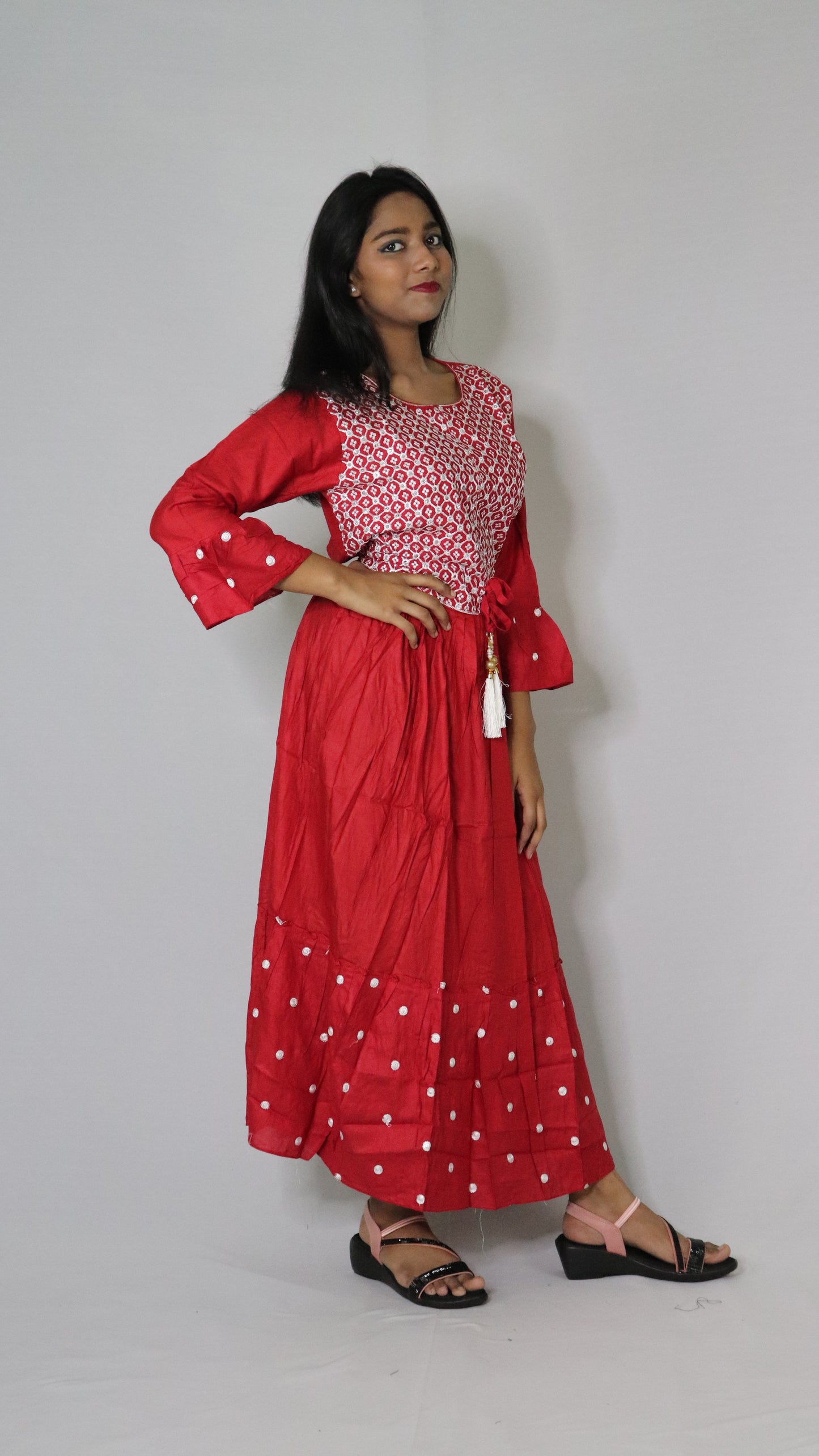 Women Printed Embroidery Rayon Blended Anarkali Deep Red Long Kurti