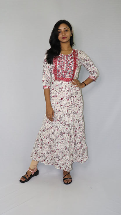 ATIMADE Women's White Printed Floral Long Kurti